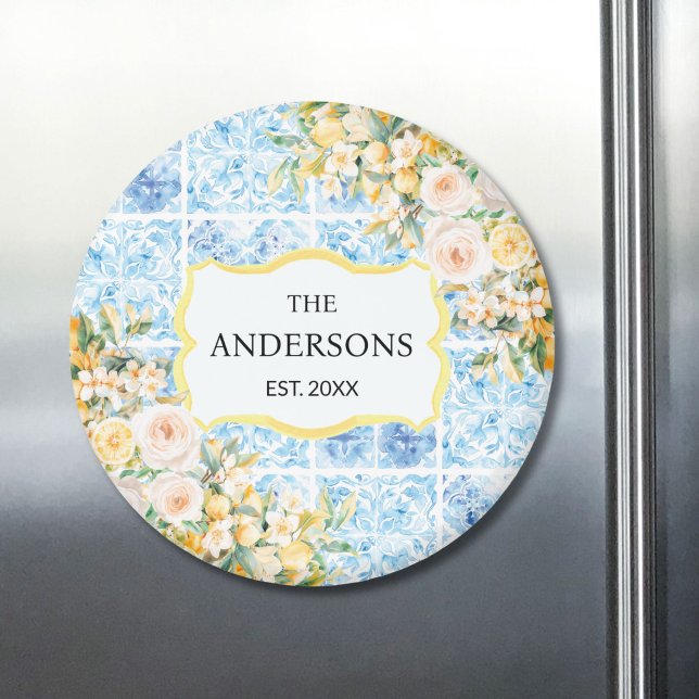 Blå Medelhavsplattor Blomma Citron Familjenamn Magnet (Skapare uppladdad)