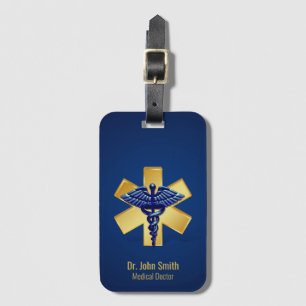 Blå medicin 3D Caduceus Guld Kor Bagagebricka