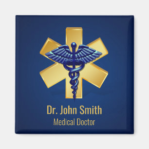 Blå medicin 3D Caduceus Guld Kor Magnet