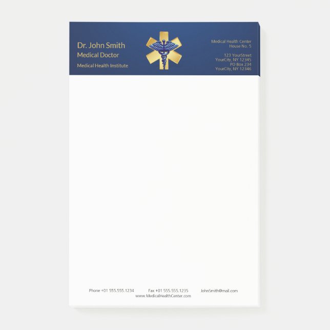 Blå medicin 3D Caduceus Guld Kor Post-it Block (Framsida)