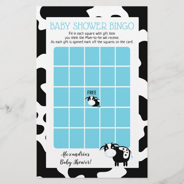 Blå mejeriko baby shower Bingo spel (Framsida)