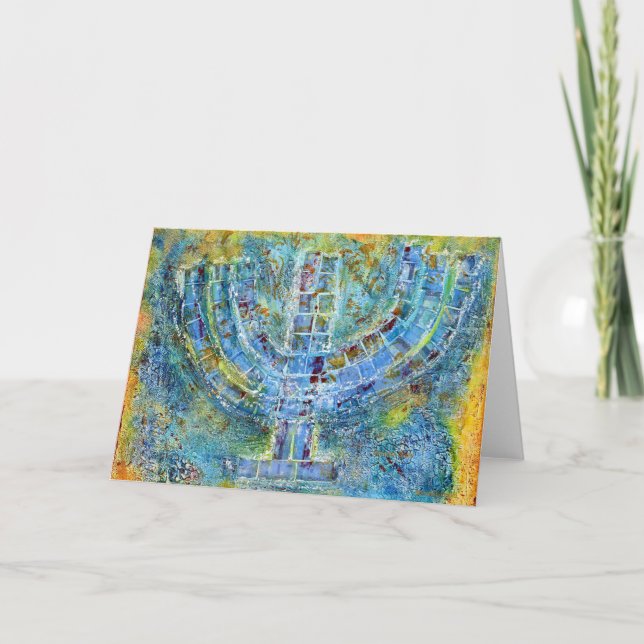Blå Menorah-hälsningskort (tomt invändigt) Tack Kort (Framsida)