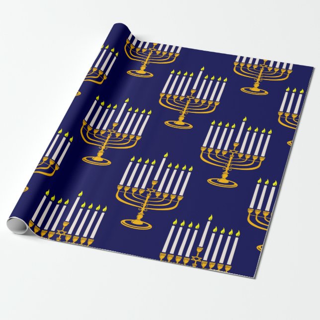blå menorah hanukkah jewant print presentpapper (Utrullad)