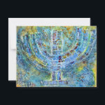Blå Menorah Julkort Vykort<br><div class="desc">Den ursprungliga konstverken för denna menorah är en blandtekniksmålning skapad med akrylfärg, modelleringspasta och papper av den samtida judiska konstnären Meredith Gould.</div>