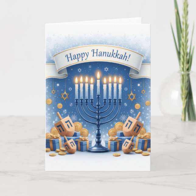 Blå Menorah Välsignelser – Glad Hanukkah Hälsning Kort (Framsida)