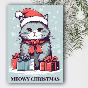 Blå Meowy-julklapp i tomten Julkort