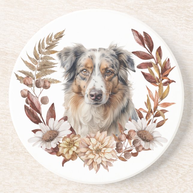 Blå Merle Australian shepherd Hund Höstkrans Underlägg (Framsidan)