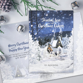 Blå Merle Collie och Lambs i White Julafton Natt - Helgkort