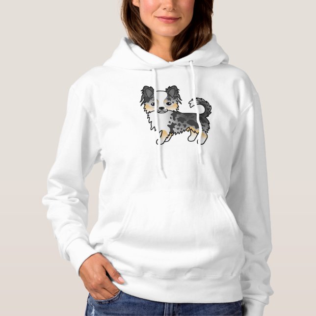 Blå Merle Långhårig Chihuahua Söt Tecknad Hund T Shirt (Framsida)