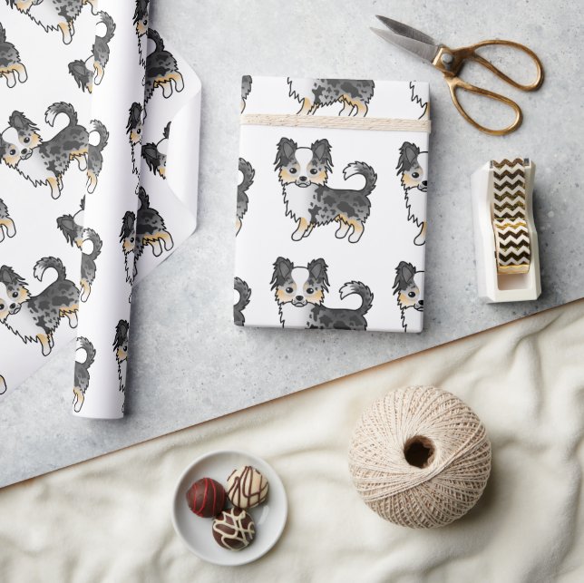 Blå Merle Långpälsad Chihuahua Söt Hundmönster Presentpapper (Hantverk)