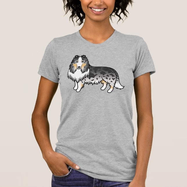 Blå Merle Rough Collie Söt Tecknad Hund T Shirt (Framsida)