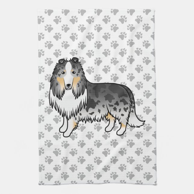 Blå Merle Rough Collie Söt Tecknad Hund & Tassar Kökshandduk (Vertikal)