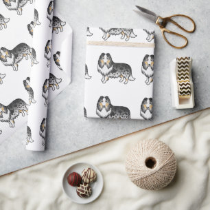 Blå Merle Rough Collie Söt Tecknad Hundmönster Presentpapper