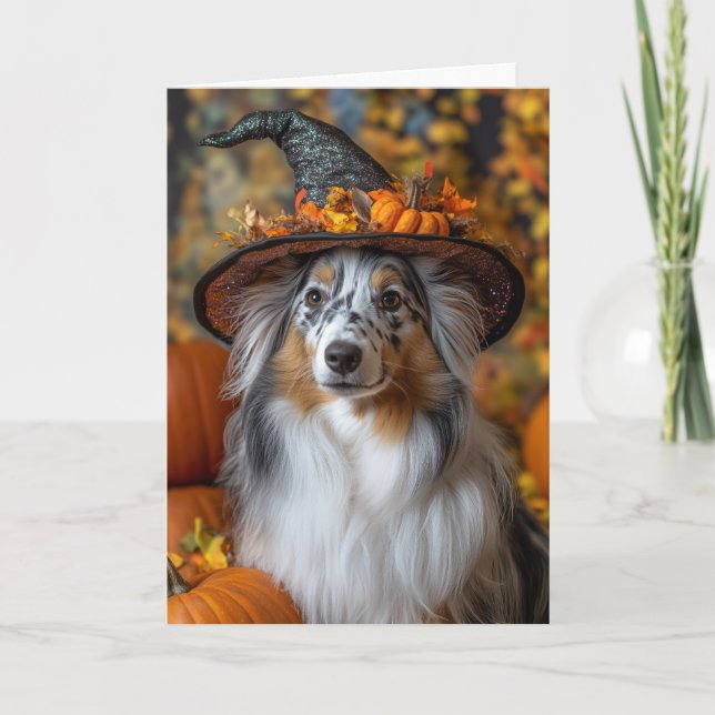 Blå Merle Sheltie Halloween Kort (Framsida)