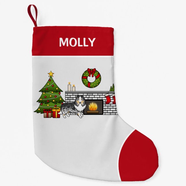 Blå Merle Sheltie Hund i julrum och Namn Liten Julstrumpa (Framsidan)