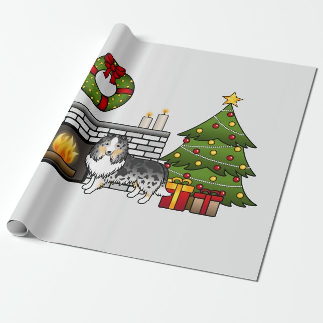 Blå Merle Shetland Sheepdog I Ett Julrum Presentpapper (Utrullad)