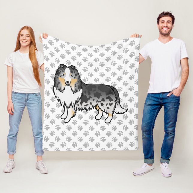 Blå Merle Shetland Sheepdog Tecknad Hund & Klor Fleecefilt (På plats)