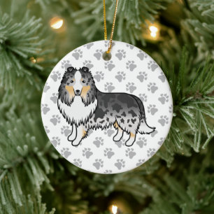 Blå Merle Shetland Sheepdog Tecknad Hund & Klor Julgransprydnad Keramik
