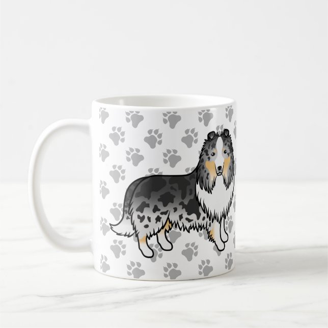 Blå Merle Shetland Sheepdog Tecknad Hund & Klor Kaffemugg (Vänster)
