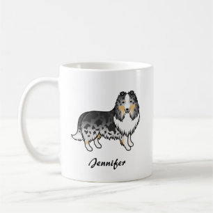 Blå Merle Shetland Sheepdog Tecknad Hund & Namn Kaffemugg