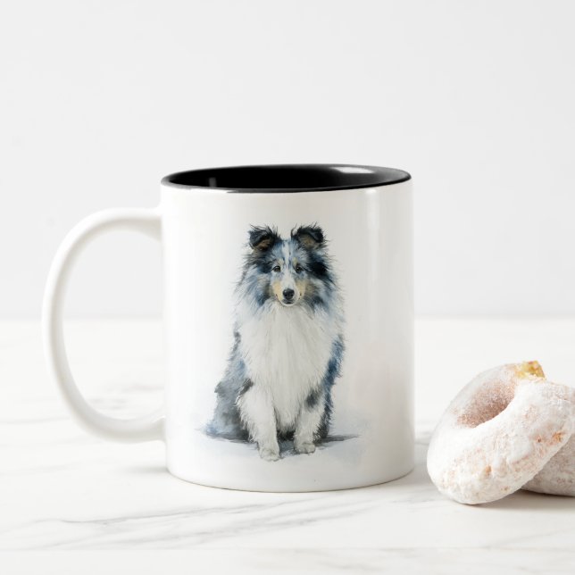 BLÅ MERLE Shetlands Sheepdog Vattenfärgskonst Två-Tonad Mugg (Med munk)