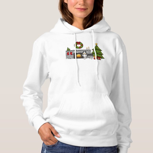 Blå Merle Shetlandskapehund i ett julrum T Shirt (Framsida)