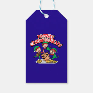 Blå merry Chrismukkah med Elves och Dreidels Presentetikett