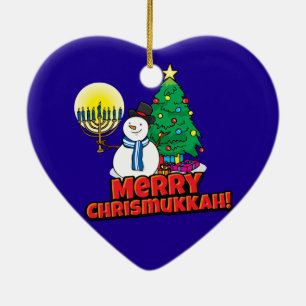 Blå merry Chrismukkah med Snögubbe och Menorah Julgransprydnad Keramik