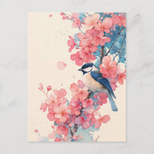 Blå mes på rosa körsbärsblomgren vykort