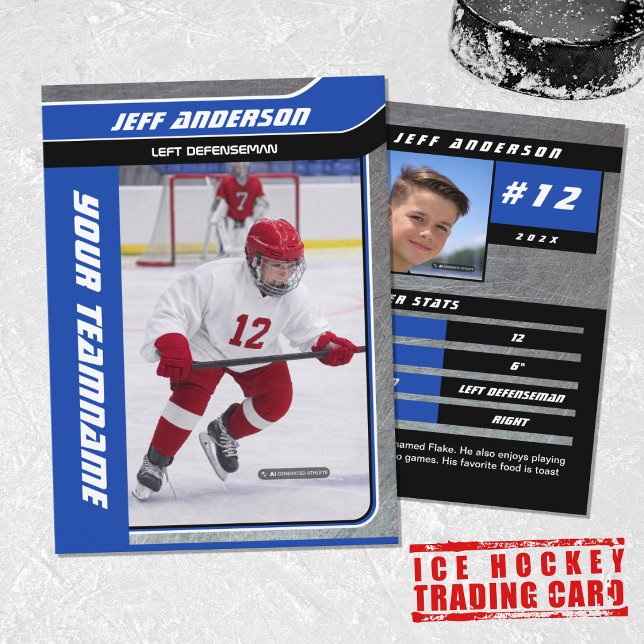 Blå metall ishockey samlarkort (Hockey Trading Card with custom team name and hockey player name in Blue and Black)