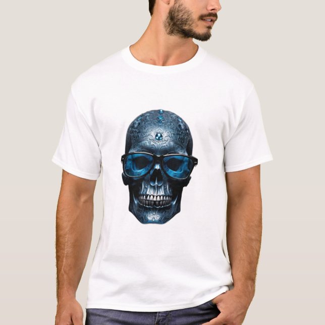 Blå metallisk 3D-skalle med solglasögon i Silver T Shirt (Framsida)