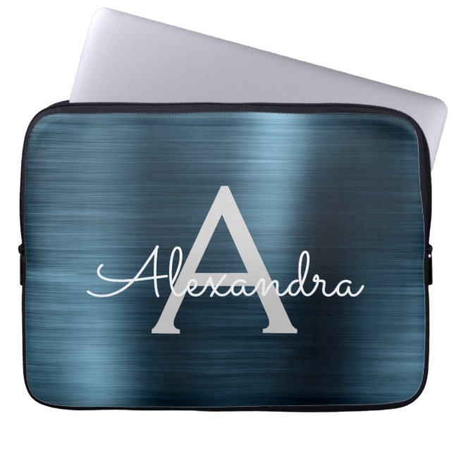 Blå metallisk modern Chic Stainless Steel Monogram Laptop Fodral (Framsidan)