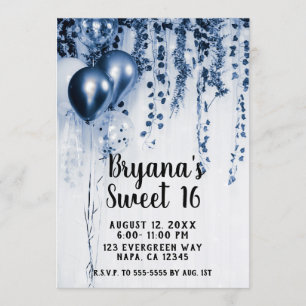 Blå Metalliska Festballonger Ivy Vit Sweet 16 Inbjudningar