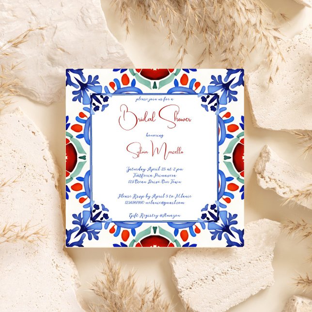 Blå mexikansk möhippa för färgplattor inbjudningar (Blue Mexican colorful talavera tiles Spanish bridal shower invitation template digital download)