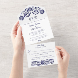 Blå mexikansk talavera allt på en bröllopsinbjudan