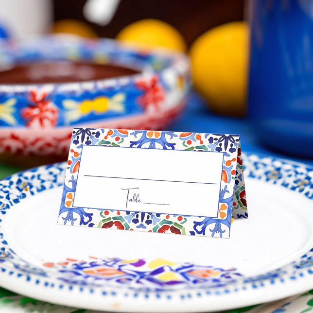 Blå mexikanska färgglada brickor bröllopsdusch try placeringskort (Blue Mexican Azulejo Talavera colorful tiles bridal shower printed Place Card personalized tableware)