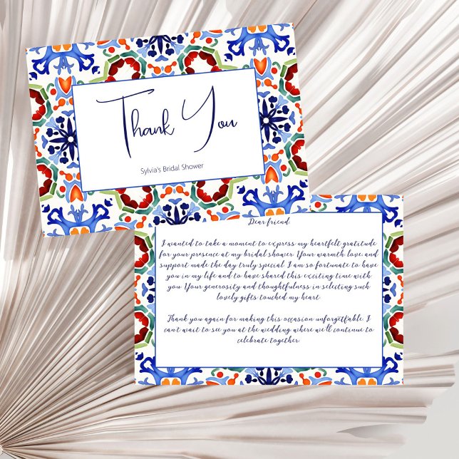 Blå mexikanska färgrika bröllopsduschplattor tack kort (Blue Mexican Portuguese azulejo talavera colorful tiles Mediterranean bridal shower Thank You Cards)