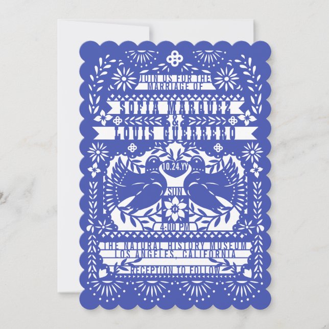 Blå mexikanska fästingduvor Papel Picado Bröllop Inbjudningar (Framsida)