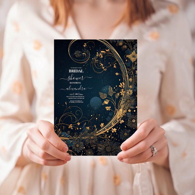 Blå Midnatts Guld Celestial Bröllopsdusch Inbjudningar (Skapare uppladdad)