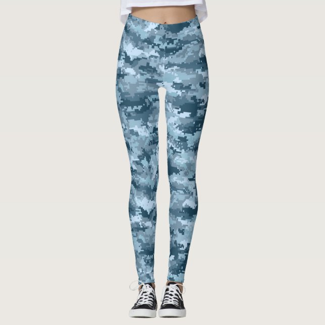 Blå militär pixlad kamouflage mönster leggings (Framsida)