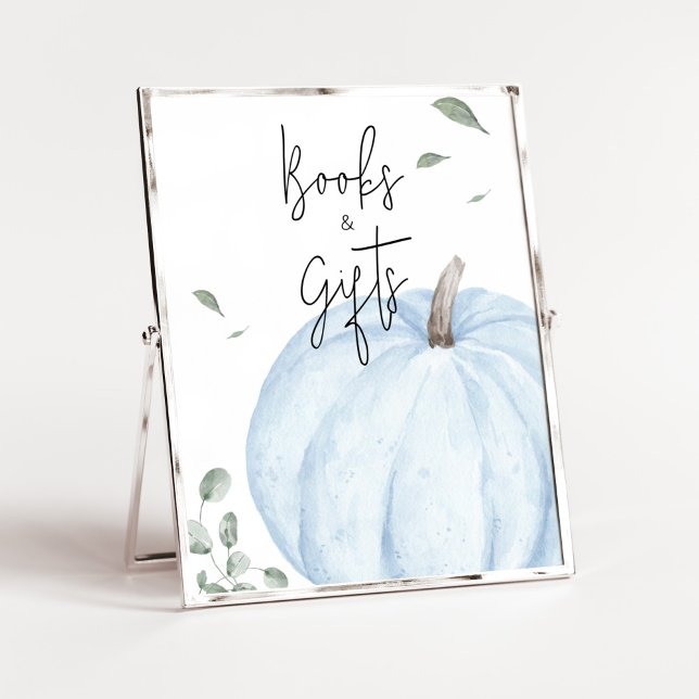 Blå minimalistisk Bokar och gåvor Poster (Watercolor Pumpkin Baby Shower Books and Gifts Sign)