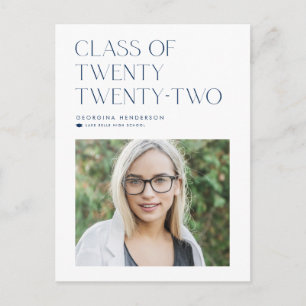 Blå minimalistisk klass 2022 Foto Examen Meddelande Vykort
