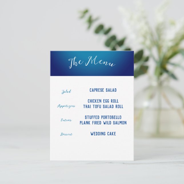 Blå minimalistisk menykuvert vykort (Stående Fram)