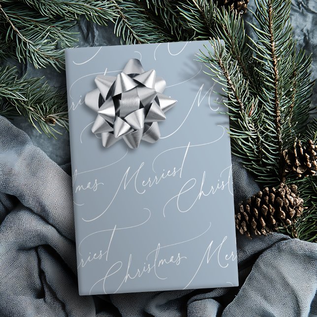 Blå minimalistisk modern manus Gladast jul Presentpapper (Blue Minimalist Modern Script Merriest Christmas Wrapping Paper)