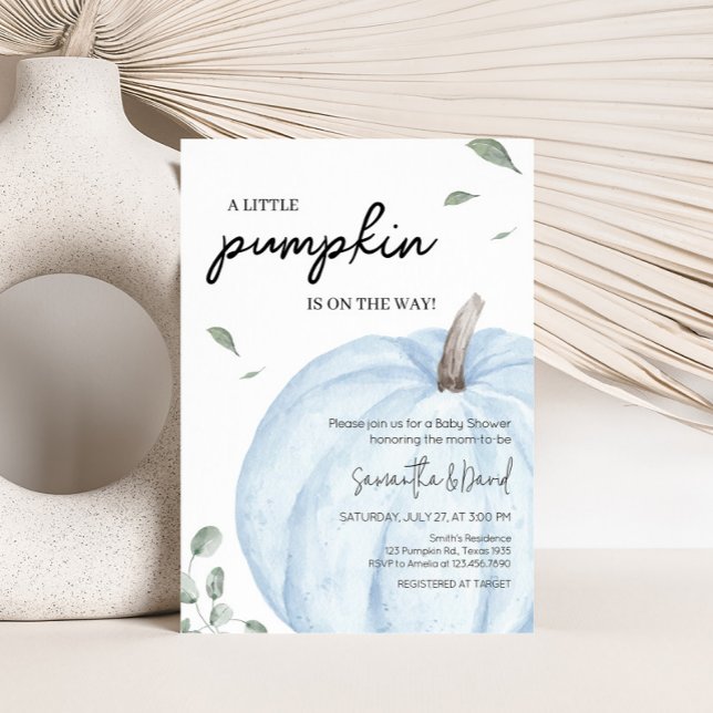 Blå Minimalistisk Pumpa Bebis Shower Inbjudningar (Watercolor Pumpkin Baby Shower Invitation)