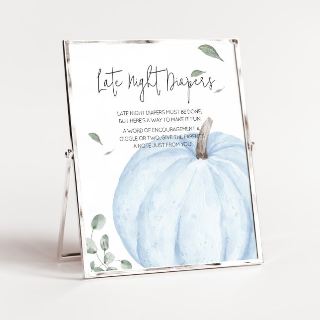 Blå minimalistisk Pumpkin Sent Natt Diaper Poster (Watercolor Pumpkin Baby Shower Late Night Diapers Sign)