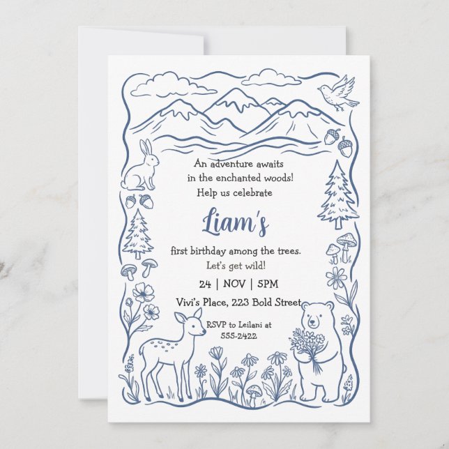 Blå minimalistisk skogsdjur födelsedag inbjudningar (Framsida)