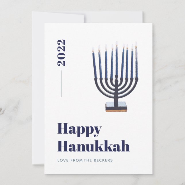 Blå minimalistisk vattenfärg Menorah Ljus Hanukkah Julkort (Framsida)