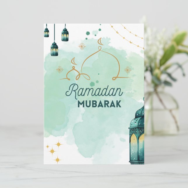 Blå minimalistisk vattenfärg Ramadan Mubarak Julkort (Stående Fram)