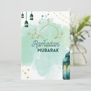 Blå minimalistisk vattenfärg Ramadan Mubarak Julkort